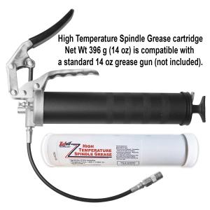 High Temperature Spindle Grease is available in a variety of packages and sizes including a grease cartridge that is compatible with a standard 14 oz grease gun to lube grease fittings, points, rails, bearings, and slides. 