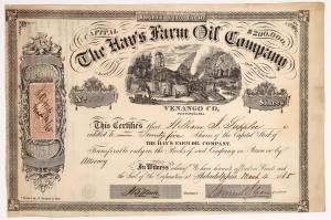 Hay’s Farm Oil Company (Venango Cty., Pa.) stock certificate no. 126 from 1865, featuring a vignette of oil derricks, tanks and barrels, signed by the president and secretary (est. $200-$500).