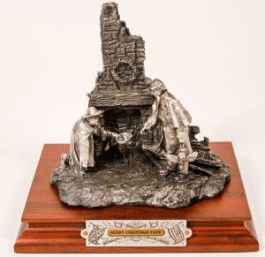 Pewter Chilmark Civil War sculpture by Francis J. Barnum, titled Merry Christmas Yank, 78 inches tall, depicting two soldiers in front of a fireplace at holiday time (est. $220-$600).