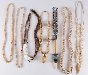 Lot 1439 is a group of seven custom, hand-made carved bone bead necklaces and shell necklaces (est. $600-$1,200). All beads are natural materials, with some unique hand-carved bone beads.