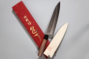 Engraved knife with Katakana characters, wooden sheath, and fancy box from Syosaku-Japan
