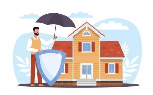 Real estate protection and insurance for your home. Security safety system for building, man hold shield and umbrella. Protect property from accident. Cartoon flat style illustration. Vector concept