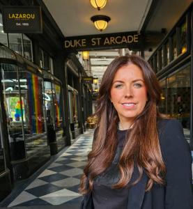 Rachel Lazarou in Duke Street Arcade (Cardiff), next to hair salon and barbershop Lazarou Duke Street