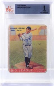 Goudey 1933 Babe Ruth card #133, graded BVG 1 Poor (est. $3,000-$5,000).