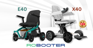 Two Robooter Folding Electric Wheelchairs standing back to back, on the left the Robooter E40 and on the right the Robooter X40