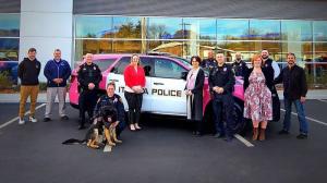 IPBA & Community Members pose with an IPD vehicle wrapped in pink to raise awareness around breast cancer.