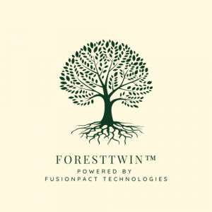 ForestTwin™ Logo - A green leaf with the text 'ForestTwin™' in bold, representing Fusionpact Technologies' innovative platform for carbon credits and biomass conversion