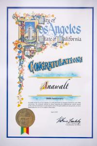 Anawalt's framed certificate of appreciation