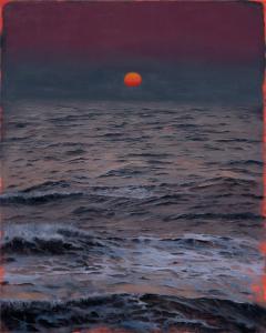 Adam Hall's painting titled, "Neon Nights," captures a breathtaking sunset over the ocean.