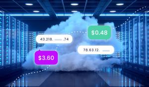 The cloud, representing cloud services, contains IPv4 addresses with different price labels. It shows a price tag with "$3.60" on one side and "$0.48" on the other side, demonstrating a significantly lower value. The image depicts the contrast between the