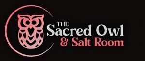 The Sacred Owl and Salt Room logo. Pink and white text on black background with pink owl image.