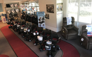 Photo ofMobility City of Fairfax County VA showroom with wheelchairs, lift chairs, and mobility scooters