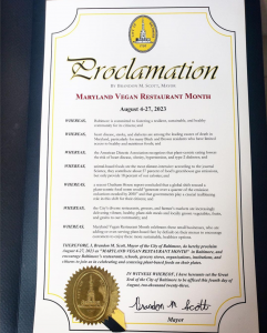 Baltimore Mayor Scott's Proclamation for Maryland Vegan Restaurant Month