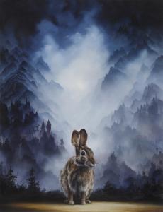 Brian Mashburn's "Cottontail" depicting a rabbit sitting with misty mountains and forest behind him.