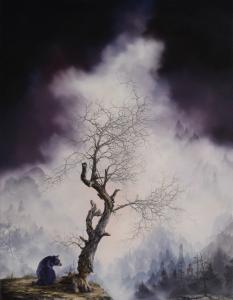 Brian Mashburn's "Reckoning" depicting a seated bear with next to a dead tree with misty forest and mountains in the background.