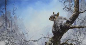 Brian Mashburn's "Easter Grey Squirrel" depicting a squirrel on a branch with a misty forest in the background.