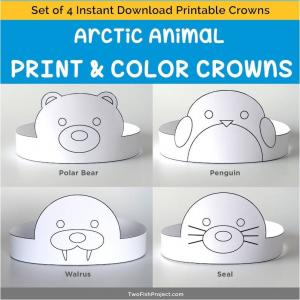 Outlined Coloring Version: Arctic Animal Party Hats Printable (Penguin, Polar Bear, Seal, Walrus) Arctic Themed Party Supplies