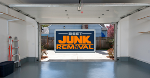 Residential Garage with Best Junk Removal logo
