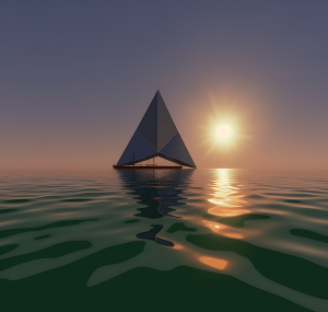 Sea, Boat with a diamond shape sails, sailing toward the sun