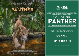 The Florida State Parks Foundation and Live Wildly will host a screening of Carlton Ward's 'Path of the Panther' on Aug. 31 at Camp Helen State Park in Panama City Beach.