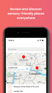 Screenshot of the app overlaid on an orange background, with the text "review and discover sensory-friendly places everywhere"