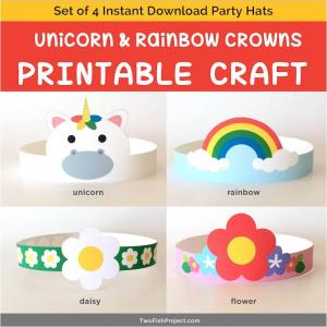 Rainbow Unicorn Birthday Party Hats Set with Unicorn, Rainbow, White Daisy Flower Headband, Red Flower Headband