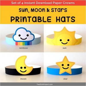 Sun, Moon, Stars & Rainbow Paper Crown Headbands Set