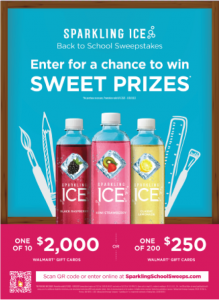 Case card for the sweepstakes titled SPARKLINE ICE Back to School Sweepstakes. Enter for a chance to win SWEET PRIZES. 
