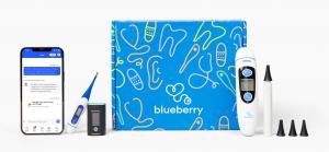 The image shows the following items from left to right: an iPhone with an example conversation between a pediatrician and a parent in the Blueberry app, a white and blue digital oral thermometer, a black pulse oximeter, a white forehead thermometer, a whi