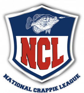 The NCL (National Crappie League) logo features a shield on a white background, the top part of the shield features a white outline of a crappie fish on a blue background while the lower part of the shield features the letters "NCL" in a big red bold font