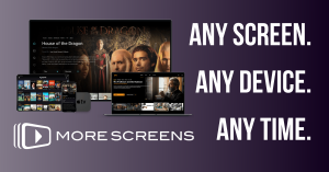 Display of OTT application using Spectar+ platform on multiple devices - TV, computer, tablet, and phone. The text reads: "Any screen. Any device. Any time."