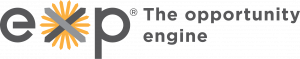 EXP - the opportunity engine primary logo in horizontal orientation. The EXP logo is positioned on the left, featuring Cool Gray 11c and Cool Gray 9c shades. On the right, the tagline 'the opportunity engine' is displayed in 1495c color, complementing the