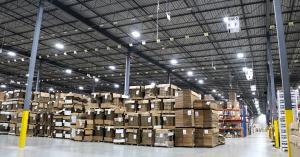An image in the Crownhill Packaging warehouse facility showcasing the new intelligent LED lighting system which extends across the entire ceiling.