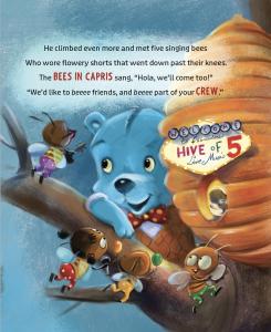 The BEAR Who DARED book interior page of Blue with his friends, the Bees in Capris