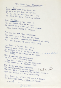 Original handwritten lyrics for Man From Manhattan by Eddie Howell