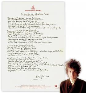 Bob Dylan’s handwritten lyrics for Subterranean Homesick Blues from his album Bringing It All Back Home, with a COA from Dylan’s manager, Jeff Rosen (est. $40,000-$50,000).