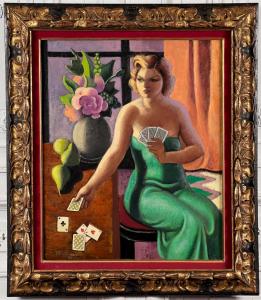 Oil on canvas painting by Jean Metzinger (French, 1883-1956), titled Femme Aux Cartes, with a Sotheby’s label on verso and Sotheby’s May 2, 1996 auction catalog (est. $100,000-$200,000).