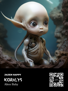 Meet Koralys, an endearing aquatic alien baby. With glistening eyes and delicate iridescent skin, this tiny explorer of intergalactic waters captures hearts with its innocent charm, a symbol of extraterrestrial wonder and the beauty of the unknown.