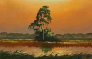 Oil on board painting by Florida Highwayman artist Alfred Hair (1941-1971), titled Southern Swamp Sunset, signed, 24 inches by 36 inches (canvas, less wood frame) (est. $3,000-$5,000).