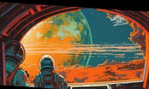 retro comic book style graphic of people peering out of spaceship into a space scape.