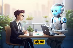 Customer interacting with Adpost's AI chatbot icon on a desk, with a potted succulent, and a laptop displaying a Mermaid graph in a modern workspace background