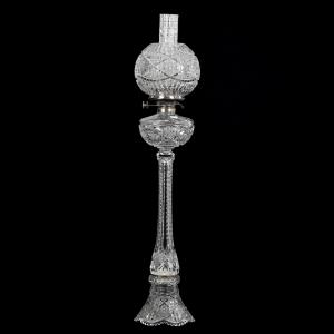 American Brilliant Cut Glass Libbey banquet lamp in the Ellsmere pattern, 37 inches tall, original kerosene, having five parts including a skirted base, long center column (est. $8,000-$12,000).
