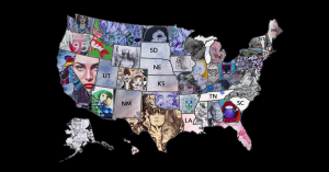 Artwork featuring a map of the United States with artwork inside all the states.