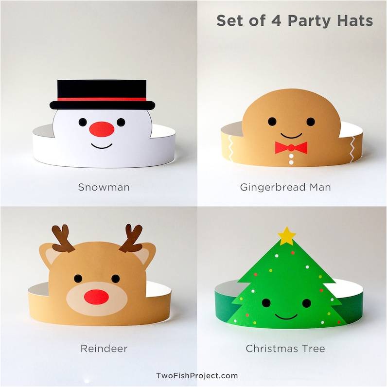 Printable Christmas Party Hats including Snowman, Gingerbread Man, Reindeer and Christmas Tree