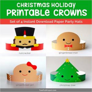 Printable Christmas Party Hats including Nutcracker Toy Solider, Gingerbread Man, Gingerbread Girl, and Christmas Tree