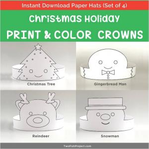 Outlined Coloring Version: Printable Christmas Party Hats includes Snowman, Gingerbread Man, Reindeer, Christmas Tree