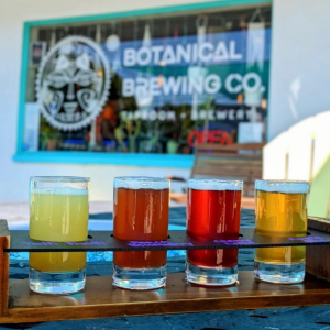 A flight of four drinks of various colors.