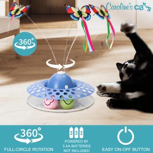 Caroline's Cats butterfly chaser cat toy provides 360 degree butterfly rotation.