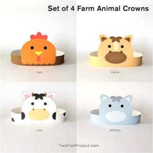 Printable Farm Animal Party Hats with Donkey, Cow, Hen, and Horse