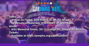 A graphic showing upcoming Reimagine Event through AZ Project Management Summit